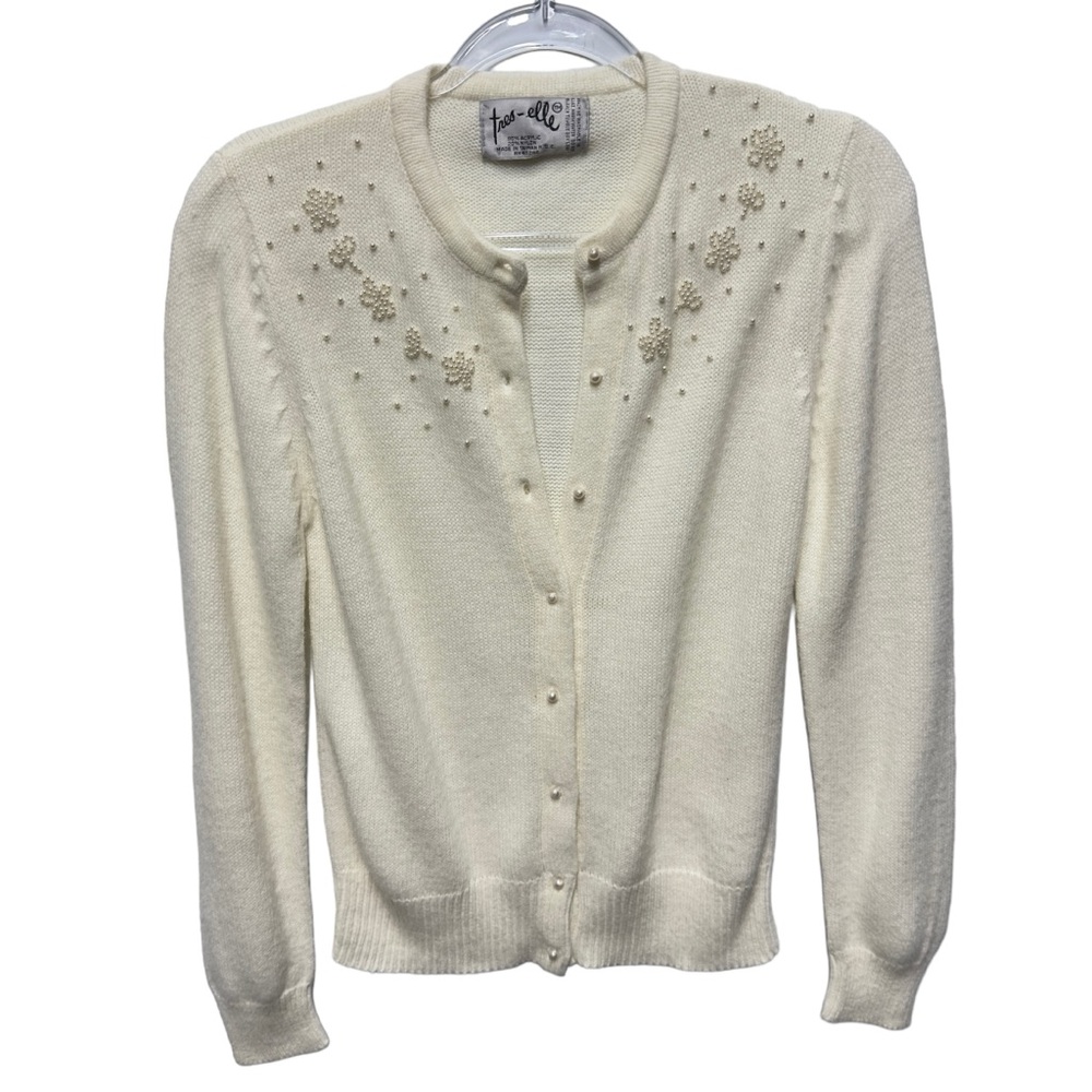 Retro Vintage Pearl Floral Beaded Knit Sweater Cardigan Jacket